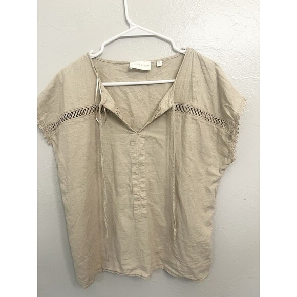 Sunny Leigh Boho Crisp Linen Boxy Tan Shirt Blouse Tunic Size Medium Artsy - Picture 1 of 5